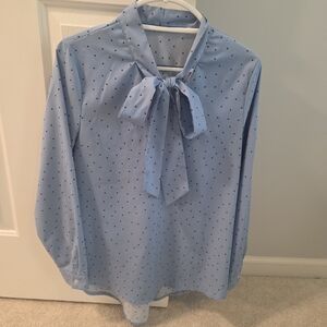 Blue Polka Dot Blouse with Bow Tie